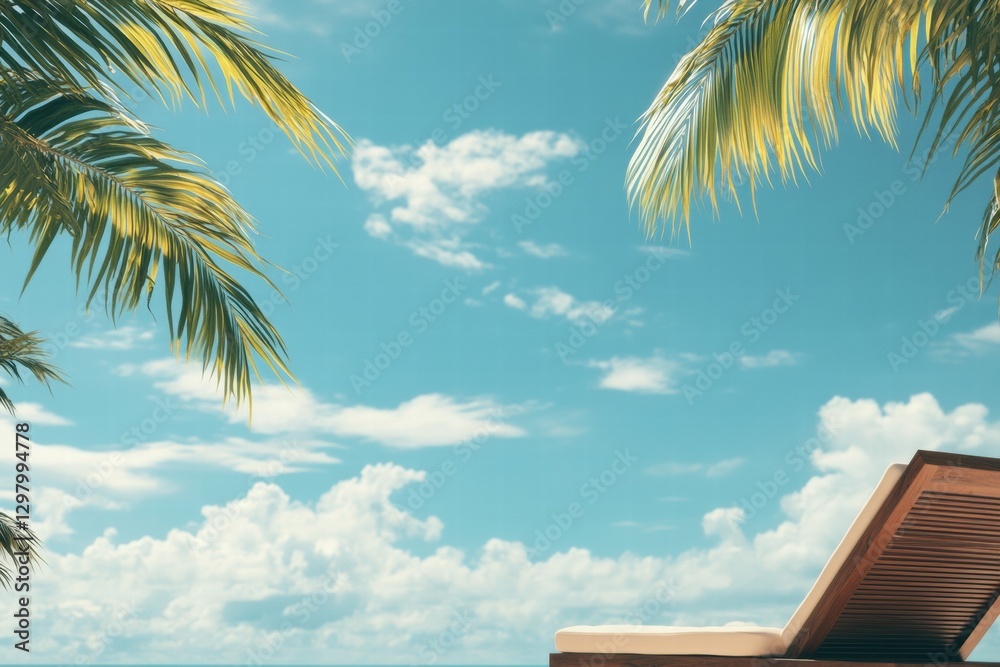 Leinwandbilder relaxing under palm trees with a clear blue sky and distant clouds during a sunny day by the ocean. 