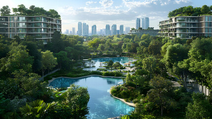 Scenic Lakeside Urban Development with Lush Green Trees Buildings and City Skyline Under Blue Sky
