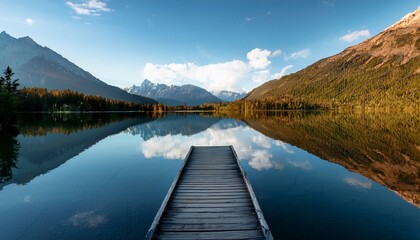 A glassy mountain lake perfectly reflecting the sky, with a small wooden dock extending into the serene waters, creating a tranquil and picturesque scene.