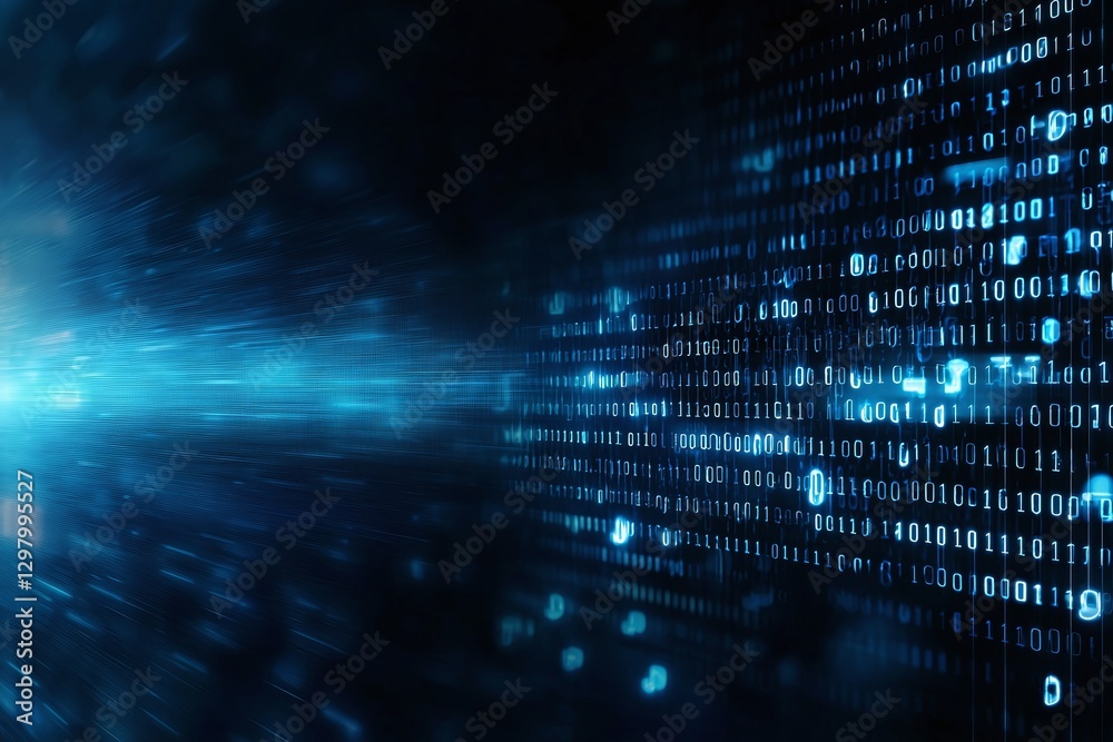 Poster a stunning visual representation of binary code flowing through a digital landscape. this dynamic im