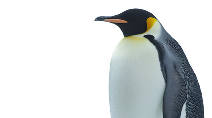 Fototapeta premium A regal emperor penguin stands proudly against a bright white background, showcasing its striking black, white, and yellow plumage in crisp detail.