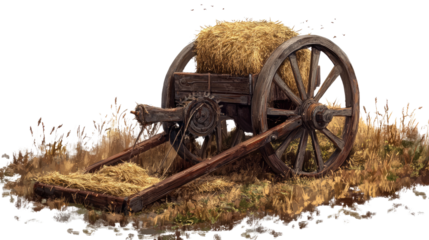 Antique Cart of Hay: An evocative antique wooden cart, overflowing with golden hay, rests on a bed of dry grass, evoking a sense of rural nostalgia and rustic simplicity.