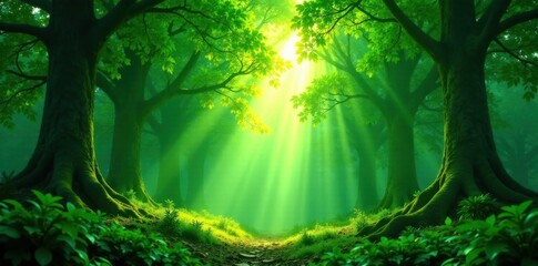Fototapeta premium Radiant sunlight breaks through leafy forest ceiling revealing vibrant emerald glow, emerald, branches, leaves