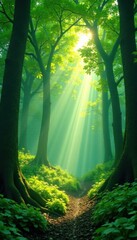 Obraz premium Radiant rays of sunlight illuminating emerald-green forest canopy with vibrant color hues , sunlight, tree tops, illumination