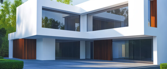 Modern architectural design of a house featuring large windows and clean lines in a serene setting