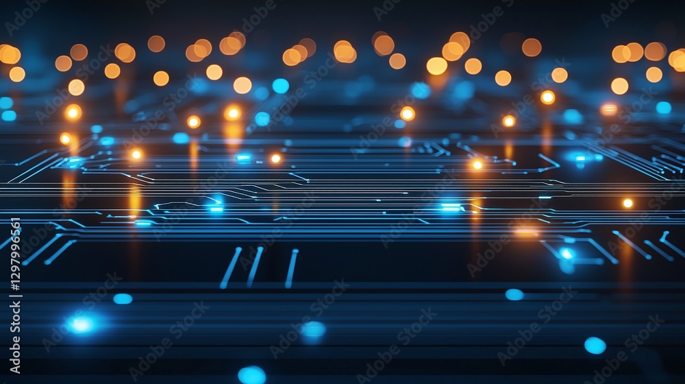 Poster a vibrant abstract representation of a digital interface with glowing lights and circuit patterns
