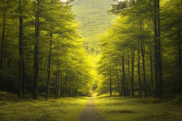 Obraz premium Lush green forest with sunlight filtering through trees, creatin