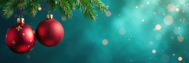 Red and green ornaments hanging from a blue festive background , color, decoration, blue