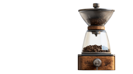 Artisan Coffee Grinder: A close-up shot of a vintage-style coffee grinder, showcasing freshly roasted beans ready for the perfect brew.