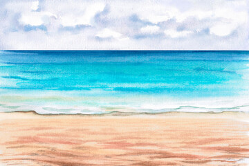Obraz premium Seascape, Watercolor illustration of the sea coast for the design of tourist brochures, interior of sea restaurants, printing on posters, clothes.