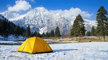 Kashmir pristine beauty: rolling meadows of Pahalgam, a glacial river, and towering Himalayan peaks dusted with snow.