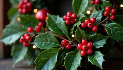 Obraz premium Red holly berries on a Christmas wreath, festive wreaths, christmas wreath, evergreen wreath