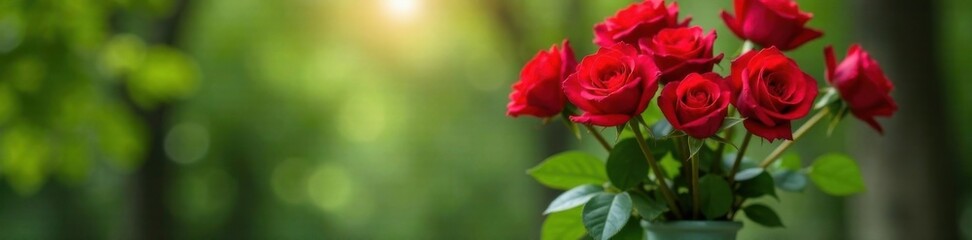 Fototapeta premium Red roses in a vase, against a tree background , vase, floral, tree