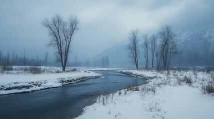 Fototapeta premium Kashmir pristine beauty: rolling meadows of Pahalgam, a glacial river, and towering Himalayan peaks dusted with snow.