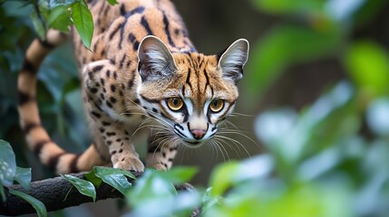 Beautiful Genet creeping along a jungle branch its long ringed tail swaying behind it golden eyes locked onto a rustling in the leaves