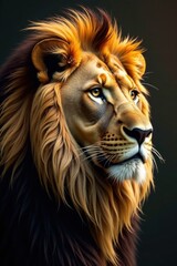 Fototapeta premium Regal lion with golden mane and black eyes, animal, power, royalty