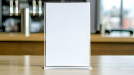 White Blank Menu Display Card on Wooden Table in a Restaurant