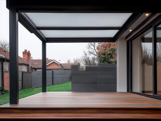Fototapeta premium Modern outdoor space with sleek design and natural surroundings at dusk
