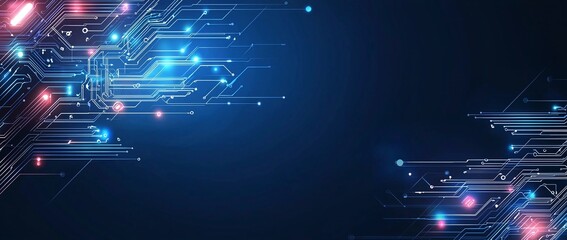 A vibrant digital network with glowing circuit lines and colorful light bursts, representing advanced technology and connectivity in a sleek, modern design.