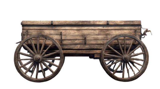 Rustic Wagon: This is a rustic and weathered wooden wagon, evoking a sense of history and simpler times, the wagon stands in isolated against the empty back ground.