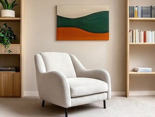 Cozy living room setup featuring stylish chair and abstract art modern home decor indoor space relaxed vibe