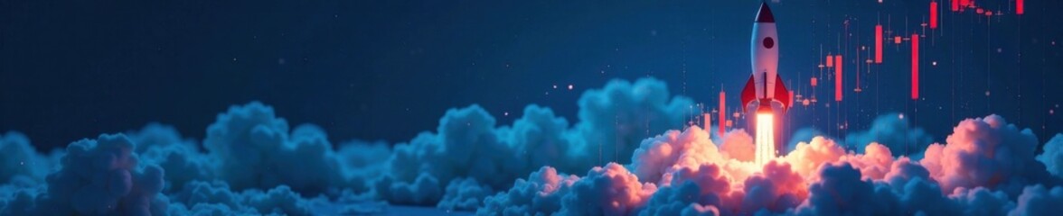 Rocket blasting off from a launchpad amidst financial charts and graphs on a blue background , startup, graphs, business