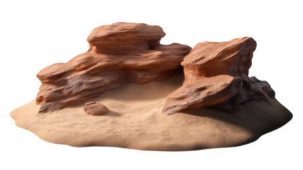 Red Rock Formation: A majestic cluster of weathered red sandstone rocks rises against a backdrop of fine-grained sand, sculpted by wind and time, evokes a sense of ancient power and resilience.