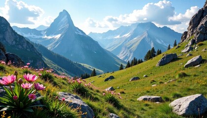 Fototapeta premium Rocky landscape with wildflowers and mountain peaks, landscape, wildflowers, mountain