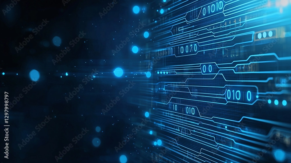 Poster a visually striking representation of digital data, featuring intricate patterns of blue circuitry a