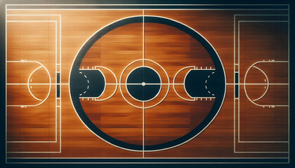 Basketball A close-up top-down shot of a basketball court, focusing on the precise placement of the center circ1