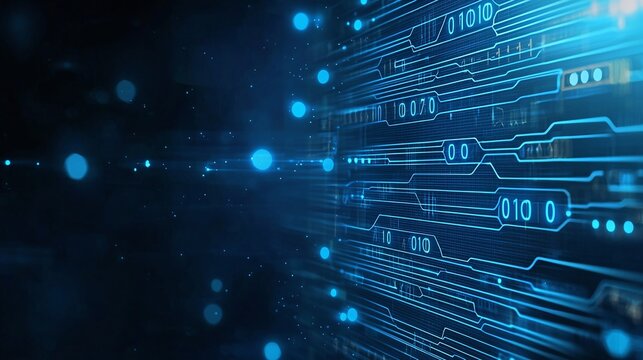 A visually striking representation of digital data, featuring intricate patterns of blue circuitry and binary code. Perfect for illustrating topics in technology and science.