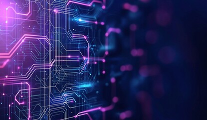 A vivid digital circuit board with glowing pink and blue lines, showcasing modern technology and innovation