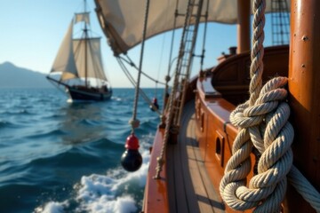 Obraz premium Rope and wooden mast on an old sailing ship, sailing, vintage, wooden boats