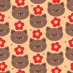 Obraz premium seamless pattern cute cartoon cat and flower character. animal pattern for wallpaper, background and gift wrap paper