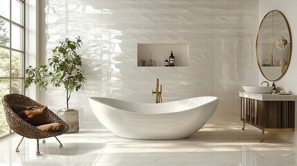 immaculate white ceramic tiles in an opulent bathroom. elegant, contemporary style that adds visual interest with delicate shine and textural variations