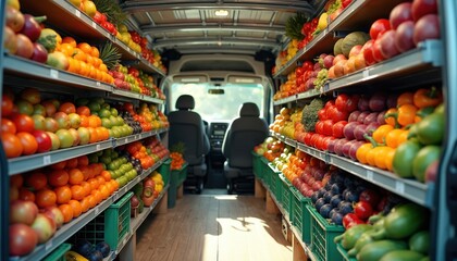 Inside view of van filled with fruits, vegetables. Neatly arranged produce on shelves. Mobile trade, retail concept. Colorful assortment of healthy fresh food for delivery from farm, market.