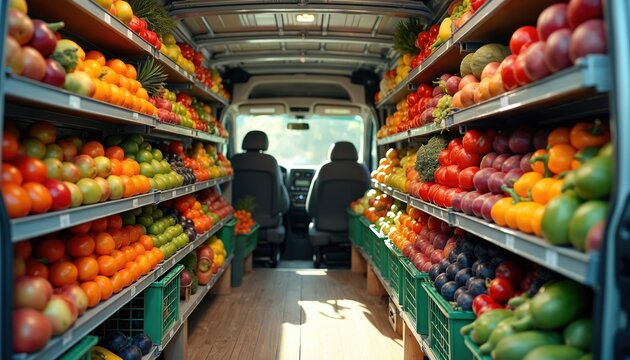 Inside view of van filled with fruits, vegetables. Neatly arranged produce on shelves. Mobile trade, retail concept. Colorful assortment of healthy fresh food for delivery from farm, market.