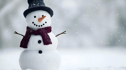 Obraz premium Smiling Snowman Wearing Black Top Hat And Burgundy Scarf With Snowy Winter Background