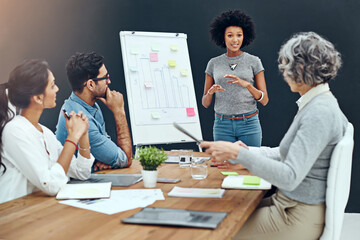 Business woman, meeting or presentation with whiteboard in boardroom for marketing performance or...