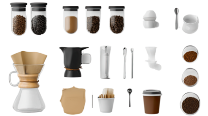 Coffee Maker Essentials: An assortment of coffee-making essentials including glass jars with coffee beans, coffee grounds, filters.