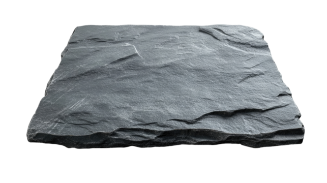 Textured Slate Slab: A close-up showcases a textured, rectangular slate slab with irregular edges and subtle variations in tone, hinting at its natural origin and versatility.