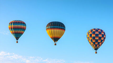 Obraz premium Three Colorful Hot Air Balloons Ascending In Bright Blue Sky