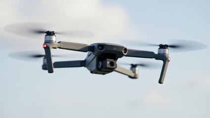 Skydio Drones. Small black drone is flying in sky with camera