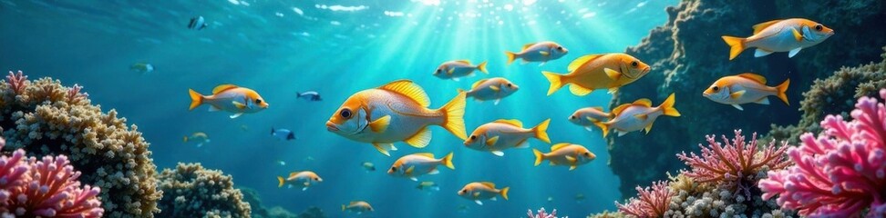 Naklejka premium School of colorful fish swimming in ocean waves, blue, fish, wave