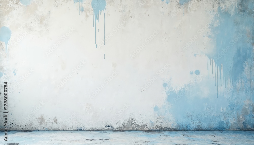 Aufkleber Grunge white wall with blue paint drips texture. Rustic abstract style, old dirty aged pattern with rough surface. Weathered metal frame parchment page background.