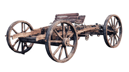 Fototapeta premium Antique Wooden Cart: A weathered, wooden cart with four large spoked wheels, showcasing the craftsmanship and rustic charm of bygone era, evoking nostalgia and a sense of history.