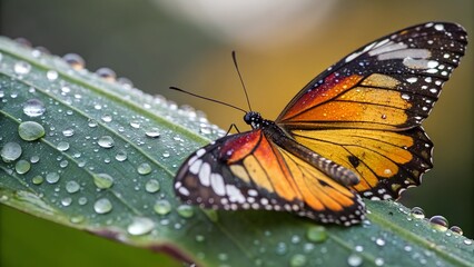 Fototapeta premium Monarch Butterfly on Leaf: Capturing the beauty of a monarch butterfly perched gracefully on a dew-kissed leaf. Vivid colors and intricate patterns of nature.