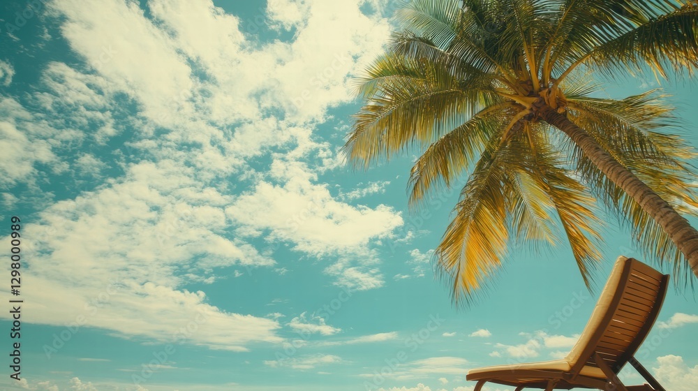 Aufkleber relaxing under a palm tree on a sunny beach with a clear blue sky and fluffy white clouds during mid