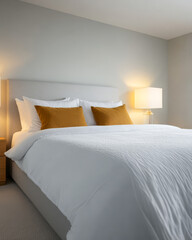 Modern bedroom design featuring a cozy bed with bright pillows and warm lighting