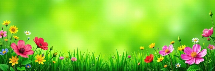 Fototapeta premium Seamless border of lush green grass and wildflowers, border, flowers, outdoor